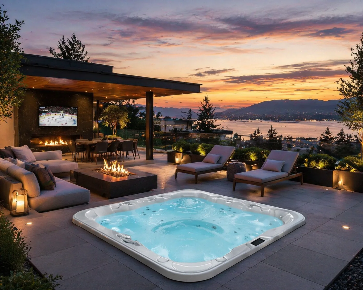 Legacy Spas lifestyle image of an outdoor hot tub